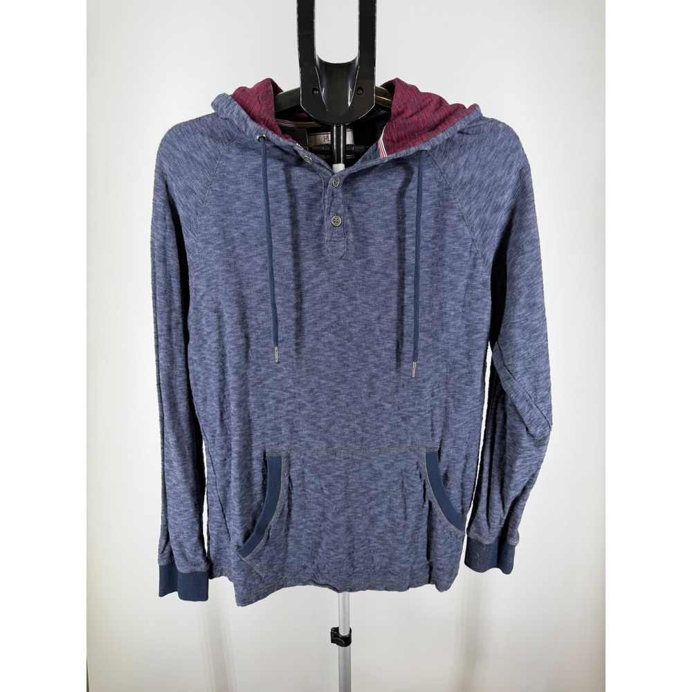 Flag & Anthem Mens Blue Marl Henley Hoodie Lightweight‎ Slub Knit Pullover L